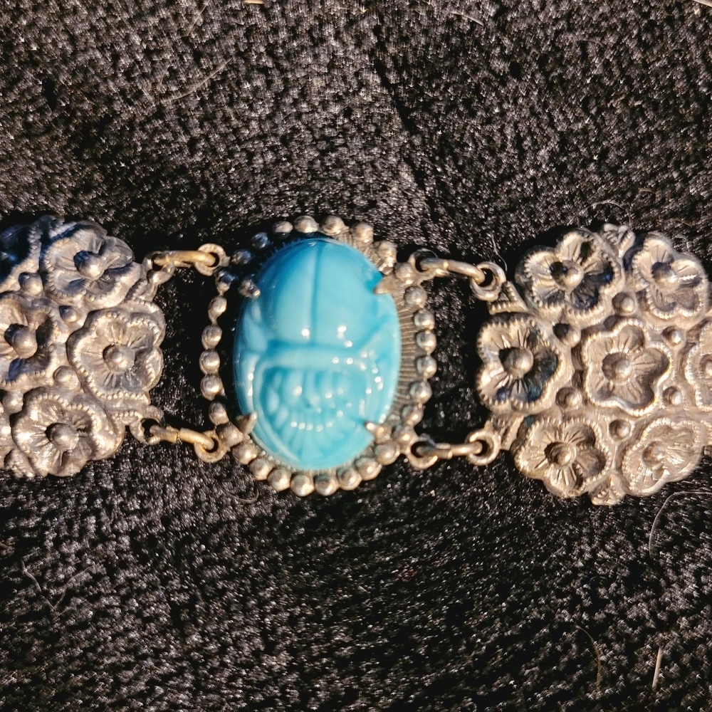 Unique Turquoise Scarab Antique Silver Bracelet - Picture 2 of 4